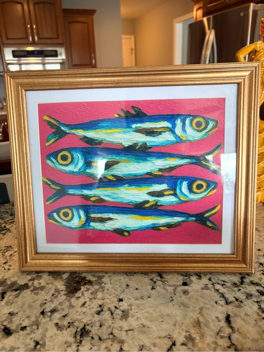 Framed Blue Fish Wall Art - Pink Background